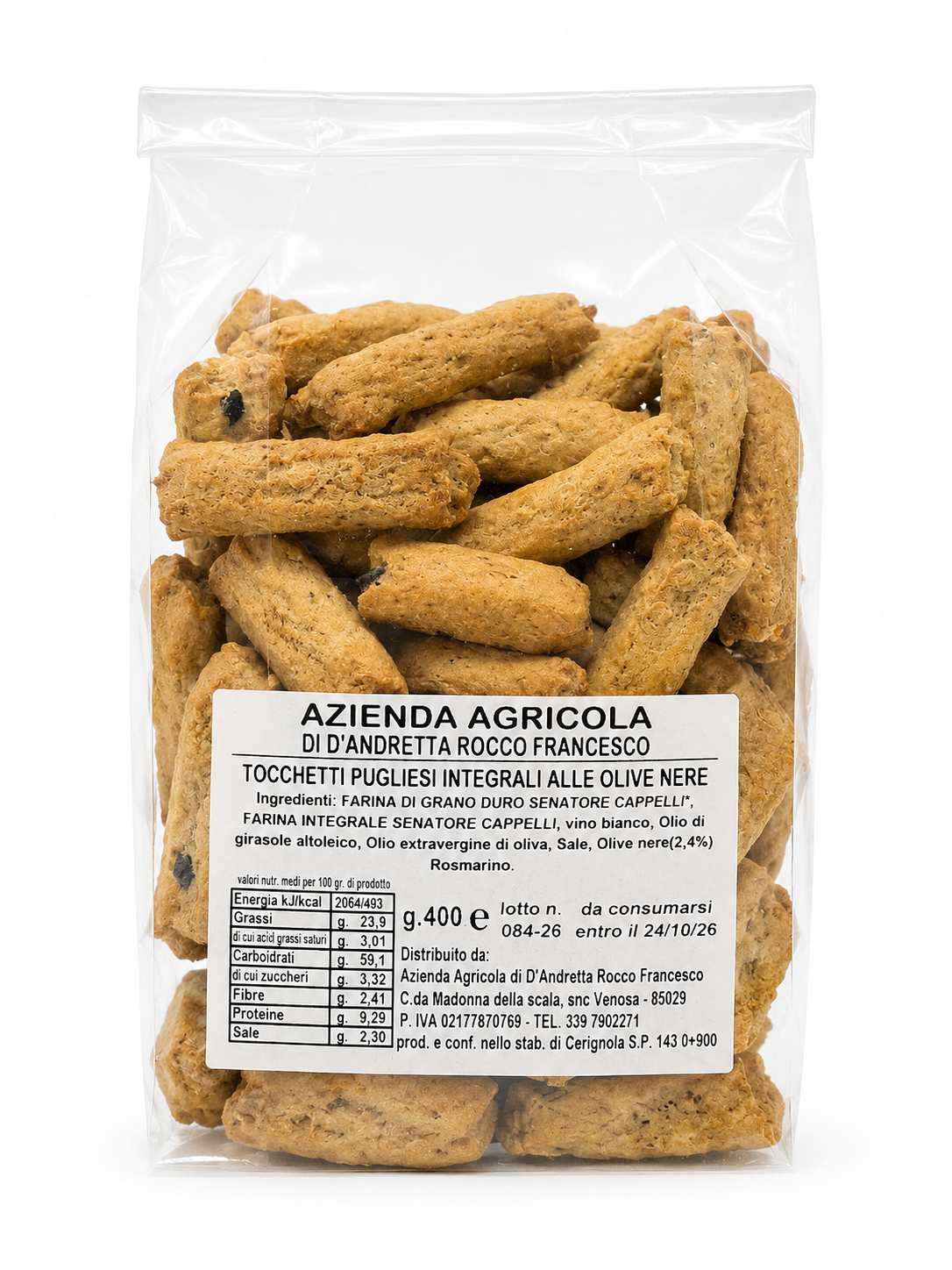Tocchetti pugliesi integrali alle olive nere 400 gr.