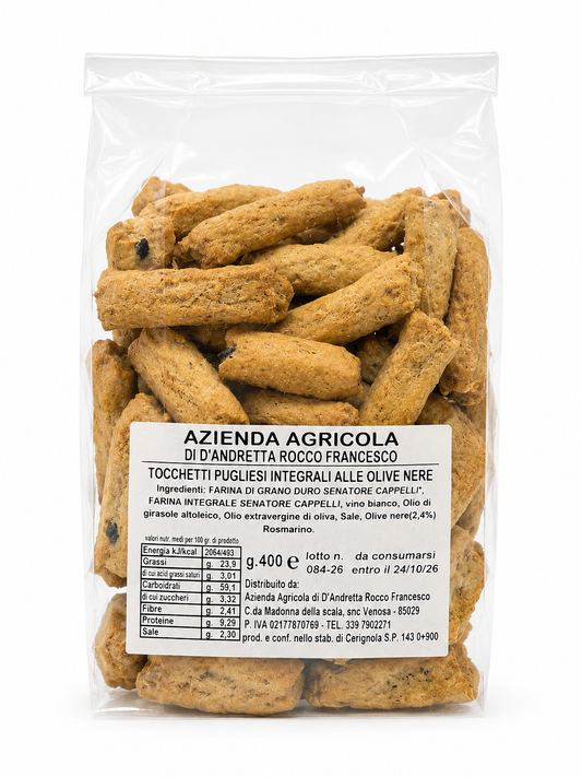 Tocchetti pugliesi integrali alle olive nere 400 gr.